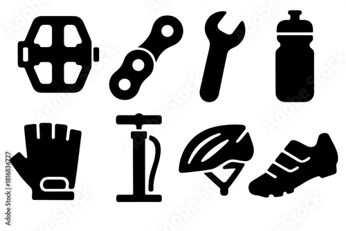 Cycling Gear Icons. Cycling Gear Set silhouette icon set. pedals, chain, wrench, water bottle, gloves, tire pump, helmet, cycling shoes.
