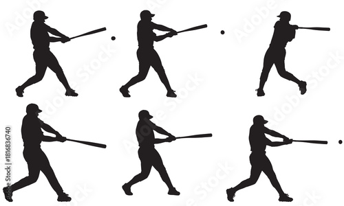 Dynamic baseball player silhouettes capturing the action of swinging a bat