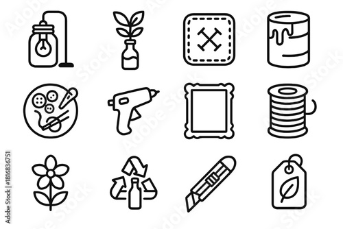 Creative Upcycling Icons. Creative Reuse Ideas linear icon set: mason jar lamp, bottle planter, denim patch, painted can, sewing kit, glue gun, old frame, twine spool, paper flower