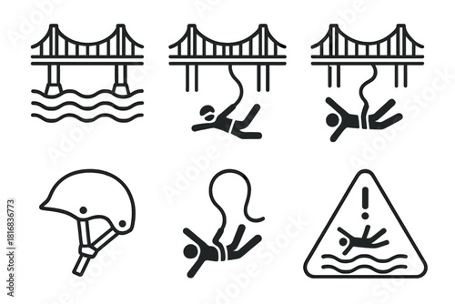Bungee Jump Icons. Bridge Bungee linear icon set. suspension bridge, cord, helmet, falling person, river, safety sign