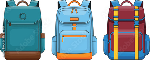 Detailed colorful backpack vector illustration set featuring three modern travel and school bags with stylish straps, pockets, and vibrant contrasting design elements.