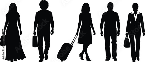 Silhouettes of diverse business travelers walking with luggage and bags, professional men and women commuting, isolated on white background for design use