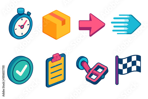 Fast Delivery Icons. Fast Delivery flat icons set. stopwatch, parcel, arrow, motion lines, checkmark, clipboard, bike pedal, finish flag