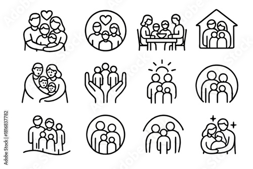 Family Unity Icons. Family Togetherness linear icon set: group embrace, heart circle, shared meal icon, home outline, cozy blanket, supportive hands, warm light, connection arc