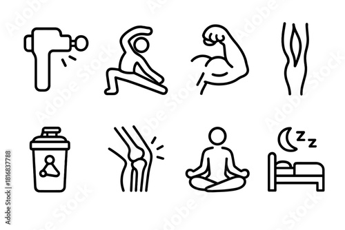 Muscle Recovery Icons. Muscle recovery concept linear icon set: massage tool, stretching, flexed arm, leg muscle, protein shake, joint care, yoga pose, rest symbol , balanced thin