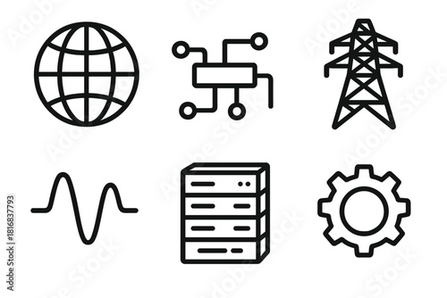 Tech Energy Icons. Distributed Power linear icon set: globe grid, circuit, tower, server, energy wave, gear