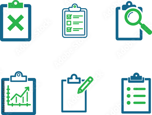 Checklist icons on clipboard set vector illustration depicting document assessment processes and business planning concepts with a focus on data analysis and project management tasks
