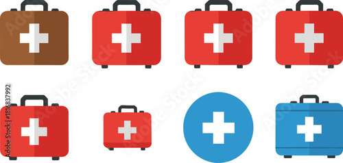 Flat style first aid kit vector set featuring various medical emergency boxes with cross symbols in multiple colors for healthcare and safety designs.