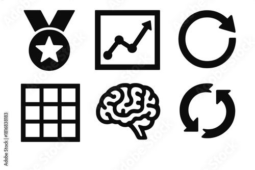 Brutalist Learning Icons. Learning Agents silhouette icon set. reward signal, training graph, reinforcement loop, environment grid, adaptive brain, feedback arrows.