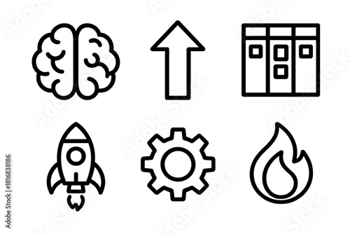 Mindset Icons. Productive Mindset linear icon set. brain, upward arrow, task board, rocket, cogwheel, motivation flame