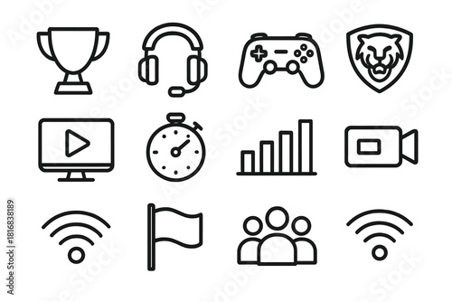 Esports Icon Set. Esports Competition linear icon set: trophy, headset, controller, team logo, monitor, play icon, timer, bar chart, camera, Wi-Fi signal, flag, audience icon
