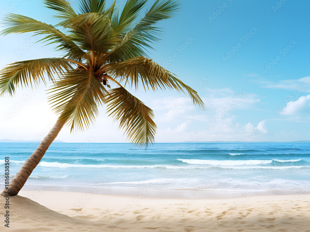 Fototapeta premium Palm tree on a sandy beach with blue sky and ocean waves.