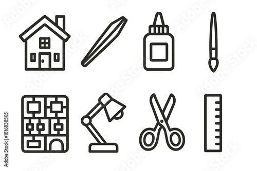 Miniature Building Tools. Miniature Building Collection linear icon set: model house, tweezers, glue bottle, paintbrush, parts tray, lamp, scissors, ruler