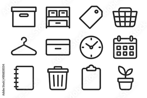 Organized Home Icons. Home Organization Icons linear icon set. storage box, shelf, label tag, basket, hanger, drawer, clock, calendar, notebook, bin, clipboard, plant