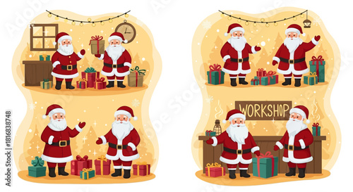 Santa Claus and his helpers in a festive workshop preparing gifts for Christmas celebrations