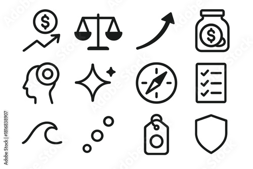 Financial Mindset Icons. Positive Financial Mindset Icons linear icon set: rising coin, balanced budget bar, steady growth arrow, savings jar, mindful money bubble, optimism spark