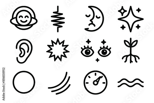Emotion Icons Collection. Feeling States Collection linear icon set: bliss aura ring, tension bar, melancholy moon, delight spark, empathy ear, irritation spike, wonder glow