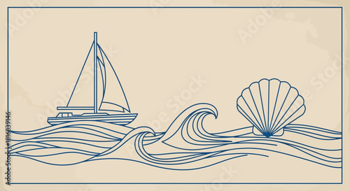 Vintage nautical line art illustration featuring a sailboat, ocean waves, and a seashell on a beige background.