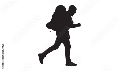 A dynamic silhouette of a person with a large backpack running forward set against a white background silhouette