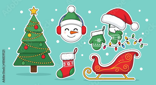 Festive Christmas Icons Snowman, Sleigh, Stocking, Tree, Lights & Hat
