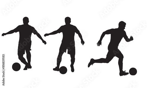 Dynamic silhouette of three soccer players in action with a football and adobe illustrator icon