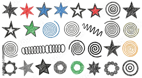 A collection of hand-drawn sketchy stars, spirals, and various abstract shapes in different colors and styles.