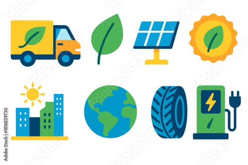 Modern Eco Transport Icons. Sustainable Transport flat icon set: electric truck, leaf icon, charging station, solar panel, city skyline, tire track, globe, eco badge