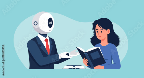 Robot in a suit and tie hands a book to a woman reading, symbolizing AI assistance in learning.