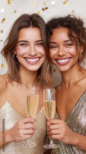Joyful new year celebration with two friends in glamorous dresses holding champagne