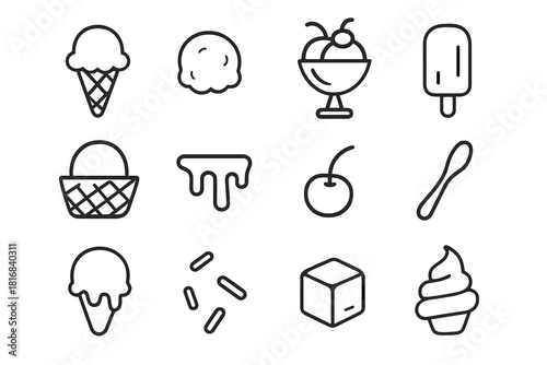 Delightful Ice Cream Icons. Ice cream & gelato linear icon set: cone, scoop, sundae glass, popsicle, waffle bowl, chocolate drizzle, cherry, spoon, melting scoop, sprinkles, ice