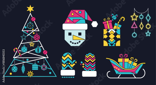 Whimsical Winter Holiday Icons Christmas Tree, Snowman, Gifts, Mittens, and Sleigh
