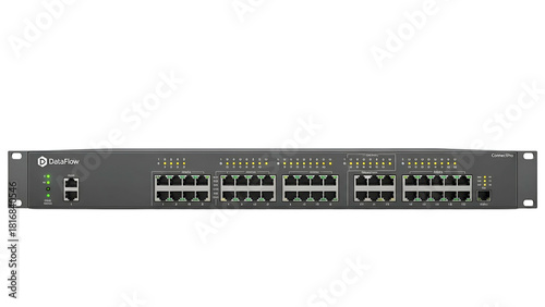 A rackmount network switch with multiple ports, indicator lights, and a dark background