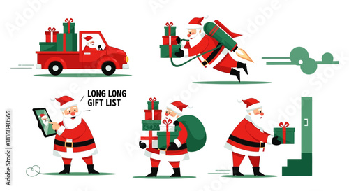 Santa Claus delivering gifts in various ways, representing the spirit of Christmas and holiday season cheer