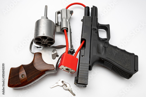 Revolver and automatic gun with cable lock , Locked disarmed and secured weapons , Gun safety in home concept