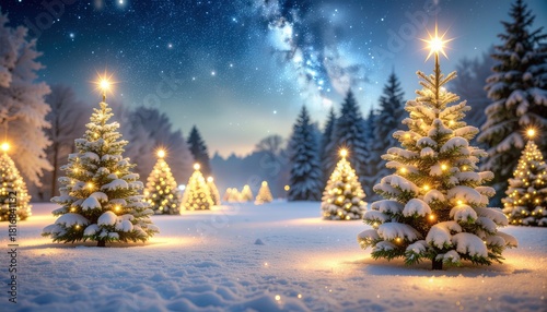 Enchanting winter wonderland with snow-covered christmas trees illuminated at night serene forest landscape magical holiday atmosphere captivating night sky peaceful viewpoint