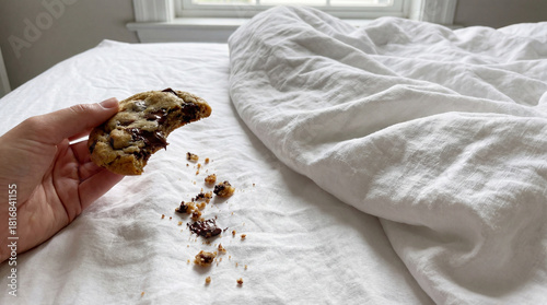 Hand Holding Chocolate Chip Cookie Creating Mess on White Bed Sheets