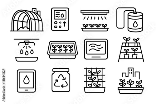 Futuristic Greenhouse Icons. Modern Greenhouse Design linear icon set: curved glass structure, climate control panel, LED grow strip, rainwater tank, automatic misting nozzle