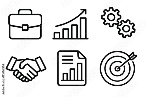 Business Icons Collection. Business group effort linear icon set: briefcase, bar chart, gears, document chart, handshake, target board