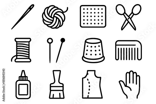 Craft Tool Icons. Craft tools linear icon set: needle, wool fiber, mat, scissors, thread, pin, thimble, comb, glue bottle, brush, pattern, hand