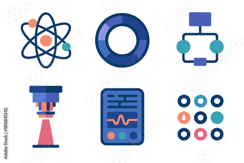 Quantum Tech Icons. Quantum Innovation flat icon set: atom core, superconducting ring, algorithm chart, photon beam, cooling chamber, control panel, quantum bit, data grid