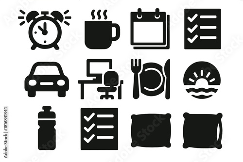 Labor Day Icons. Labor Day Daily Routines Set silhouette icon set: morning alarm, coffee mug, planner page, task list, commute icon, work desk, lunch break plate, hydration bottle