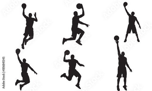 Dynamic basketball player silhouettes capturing various jumping and shooting actions silhouette