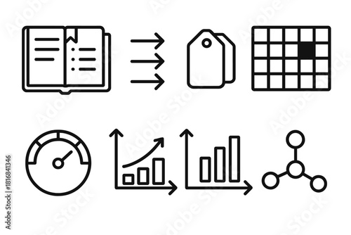 Resource Planning Icons. Operational Resource Planning linear icon set: planning notebook, workflow arrows, resource tags, scheduling grid, buffer meter, demand line, utilization