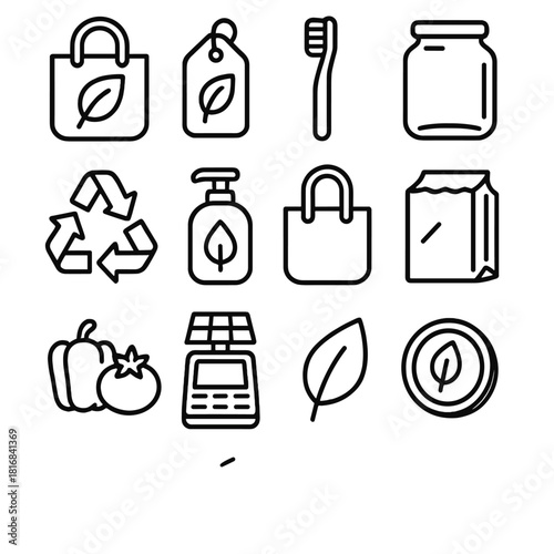 Eco-Friendly Shopping Icons. Sustainable Shopping linear icon set: reusable bag, eco tag, bamboo toothbrush, glass jar, recycling symbol, refill bottle, tote bag, paper packaging