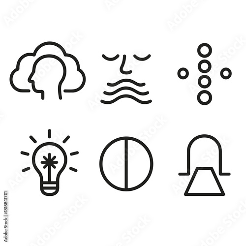 Mindful Icon Set. Clarity Thought linear icon set: clear mind cloud, steady breath, aligned dots, insight spark, balanced circle, open pathway