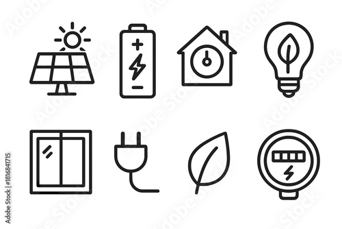 Eco-Friendly Home Icons. Energy Efficient Homes linear icon set. solar panel, battery, thermostat, light bulb, window, plug, leaf, power meter.
