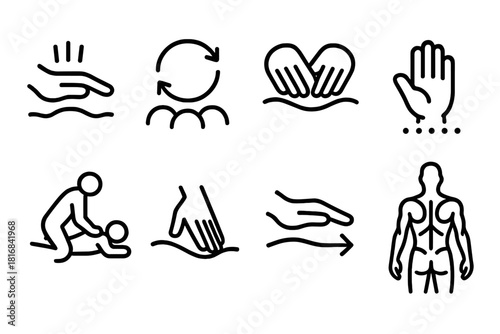 Massage Technique Icons. Massage Techniques linear icon set: hand pressure icon, circular motion lines, kneading symbol, tapping gesture, stretching pose, palm press, glide arrow