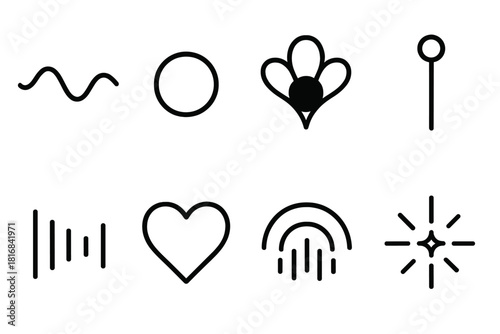 Acoustic Icon Symphony. Acoustic Creativity linear icon set: gentle wave line, tone circle, echo bloom, ambient chime shape, layered rhythm bar, soft pulse, modulation arc, sound