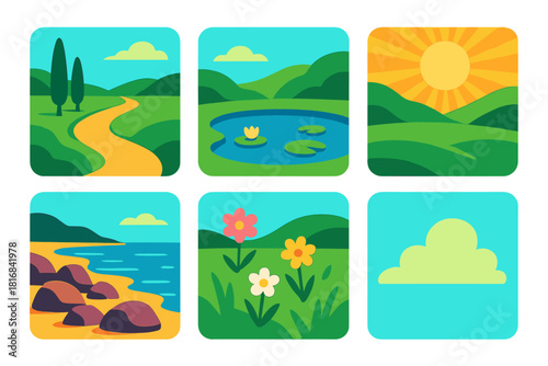 Tranquil Nature Icons. Tranquil Environments Set flat icon set: quiet trail, still pond, soft sunlight, rocky shore, meadow flowers, drifting cloud