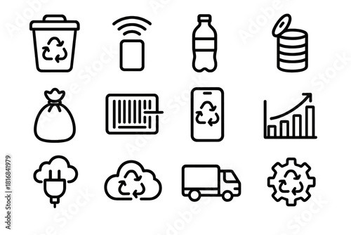 Waste Sorting Icons. Waste Sorting Technology Icons linear icon set: recycling bin, sensor, bottle, metal can, trash bag, barcode, app, chart, plug, cloud, truck, gear